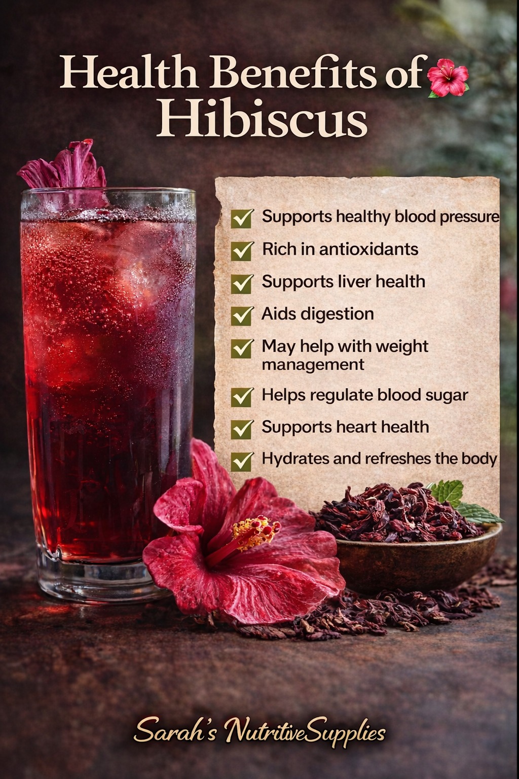 Health Benefits of Hibiscus – infographic by Sarah's Nutritive Supplies showing 8 benefits including blood pressure, antioxidants, heart health and digestion