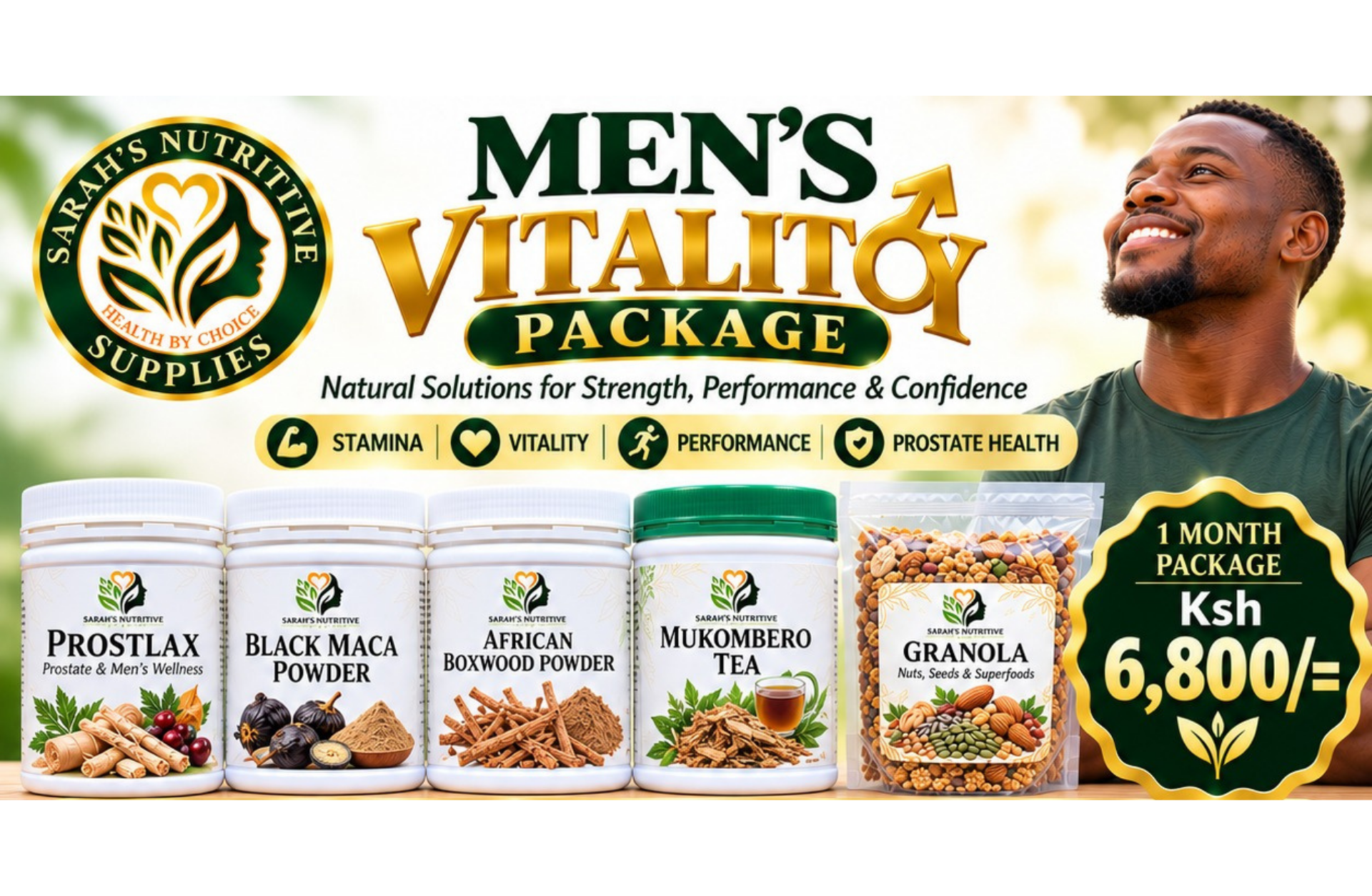 Sarah's Nutritive Supplies Men's Vitality Package, five natural men's wellness products, KSh 6,800