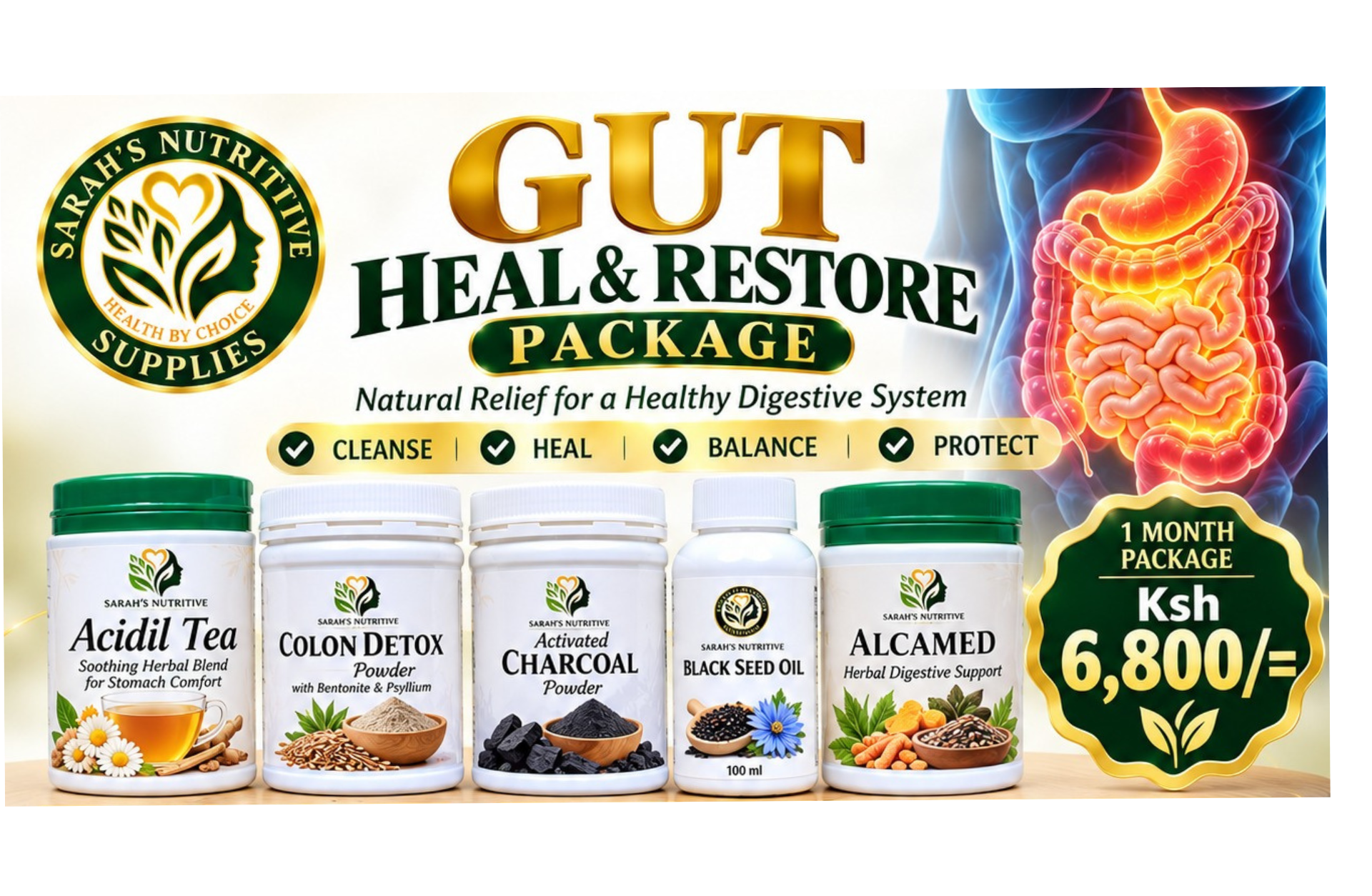Sarah's Nutritive Supplies Gut Heal and Restore Package, five natural digestive wellness products, KSh 6,800